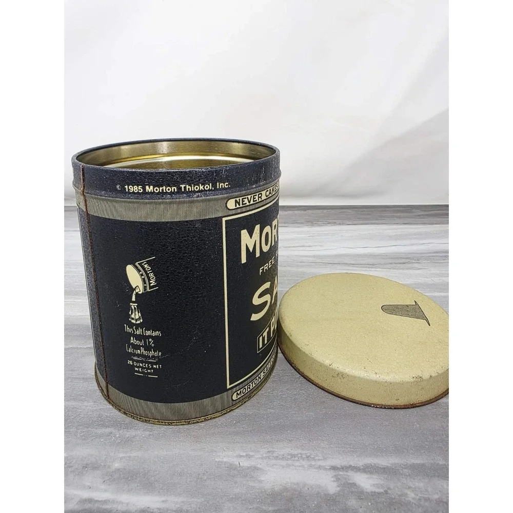 2 Vintage MORTON SALT When It Rains It Pours Metal Tin Canister Can Bristol Ware